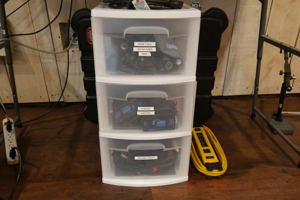 Storage for cables, adaptors, tools, etc.